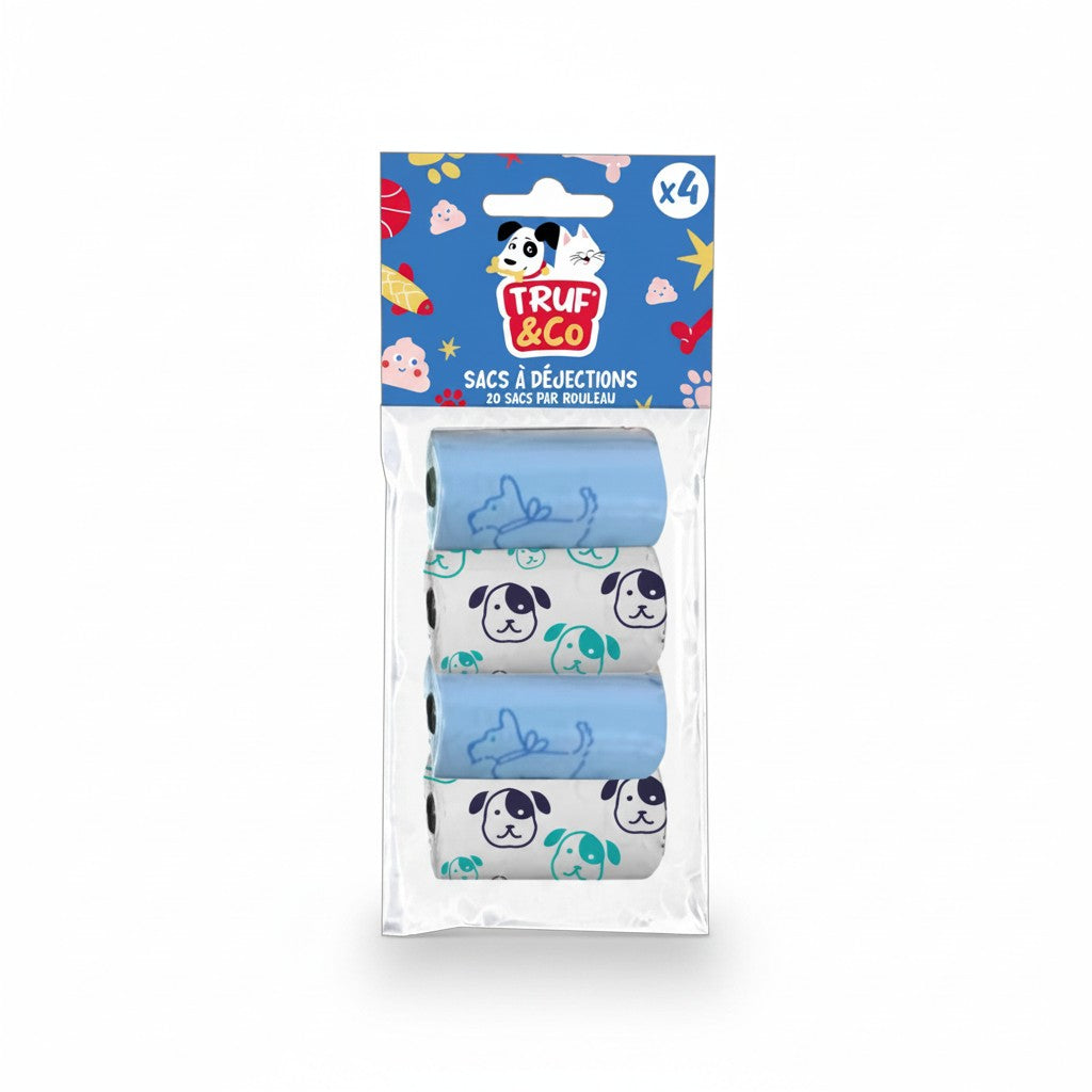 Lot de 4 rouleaux sacs à déjections chien TRUF &Co couleur bleu ciel motif chien et rouleau blanc motif tête de chien kawaii 80 sacs