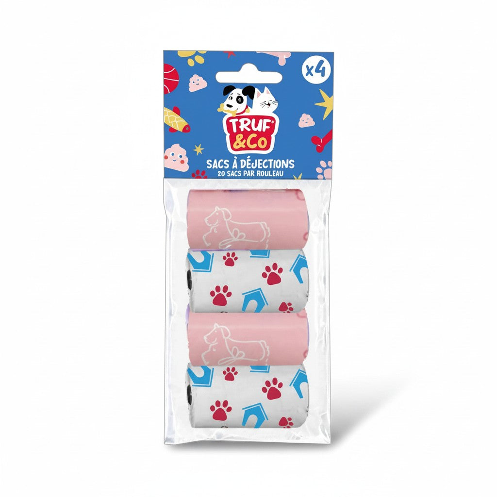 Lot de 4 rouleaux sacs à déjections chien TRUF &Co couleur rose poudré motif chien blanc et rouleau blanc motif patte rouge et niche bleue 80 sacs