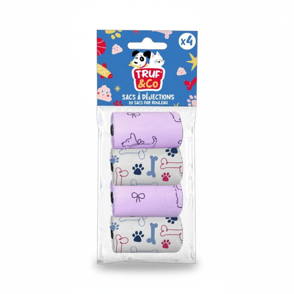 Lot de 4 rouleaux sacs à déjections chien TRUF &Co couleur lilas pastel motif chien et noeud et rouleau blanc motif os et patte bleue 80 sacs