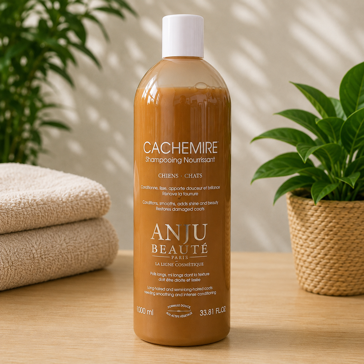 Flacon de 1 litre de shampooing nourrissant Cachemire ANJU BEAUTÉ pour chiens et chats, contenant un produit ambré et présenté debout sur une surface en bois.