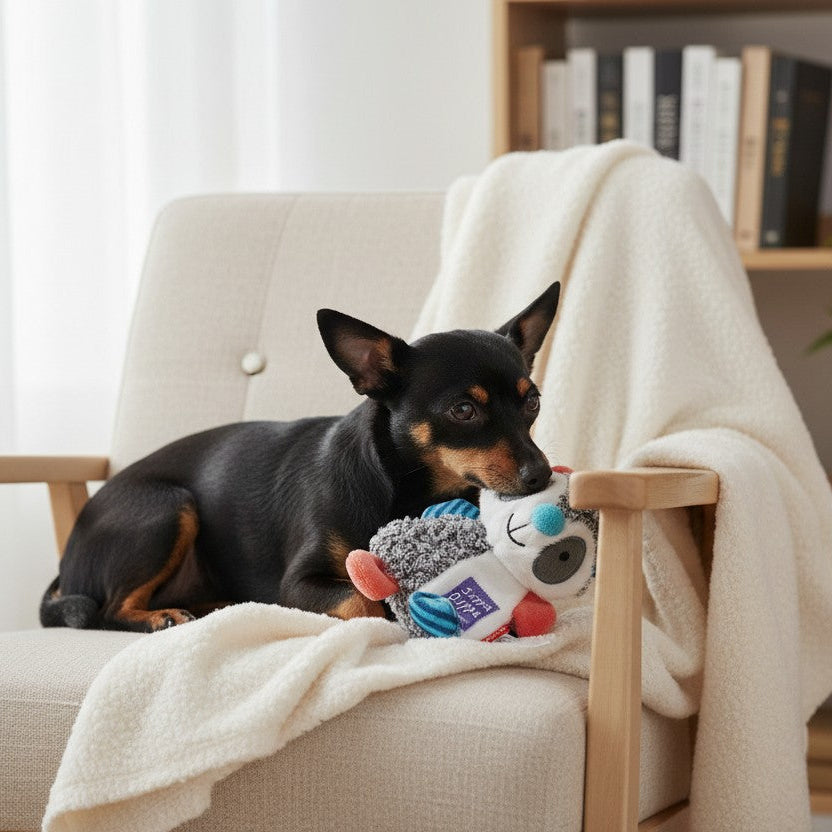 Un petit chien noir et feu, de type Pinscher nain, est couché sur un grand plaid blanc posé sur un fauteuil beige. L'animal maintient et mordille doucement le haut de la tête de la peluche patchwork "Suppa Puppa" de GiGwi. La scène s'intègre dans un salon lumineux au décor épuré, avec une bibliothèque en bois garnie de livres et une plante verte en arrière-plan.