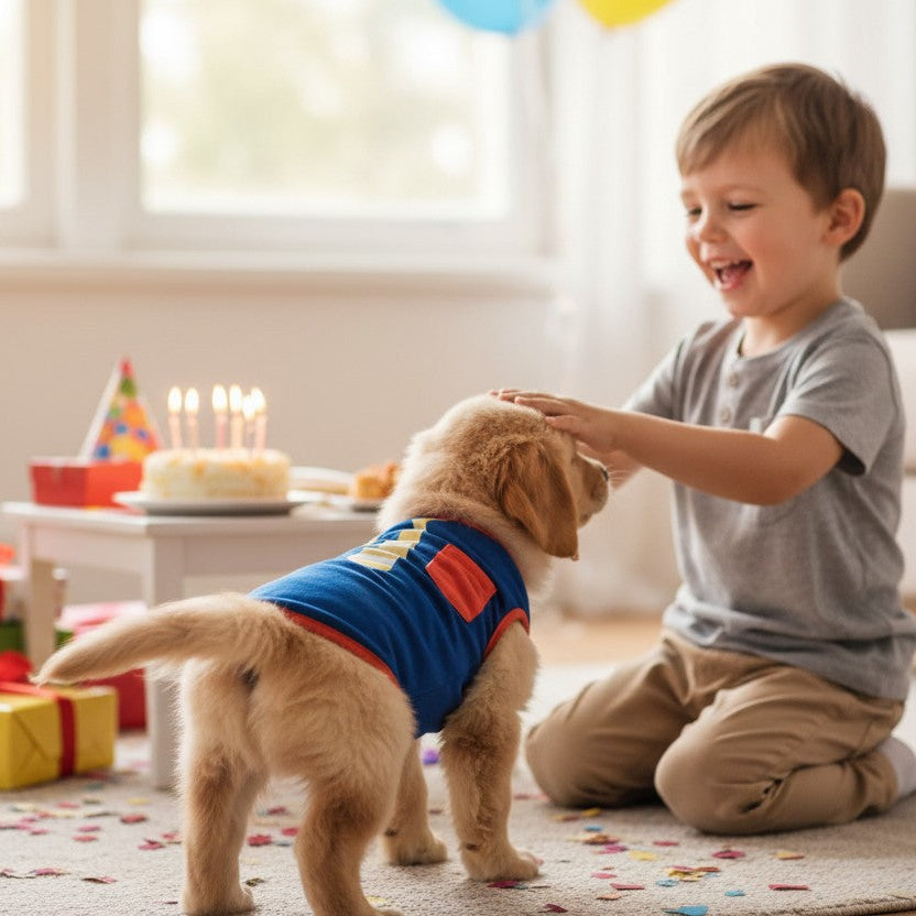 Petit chien portant un t-shirt bleu avec cravate imprimée et poche rouge pendant une fête d’anniversaire avec un enfant et des cadeaux.