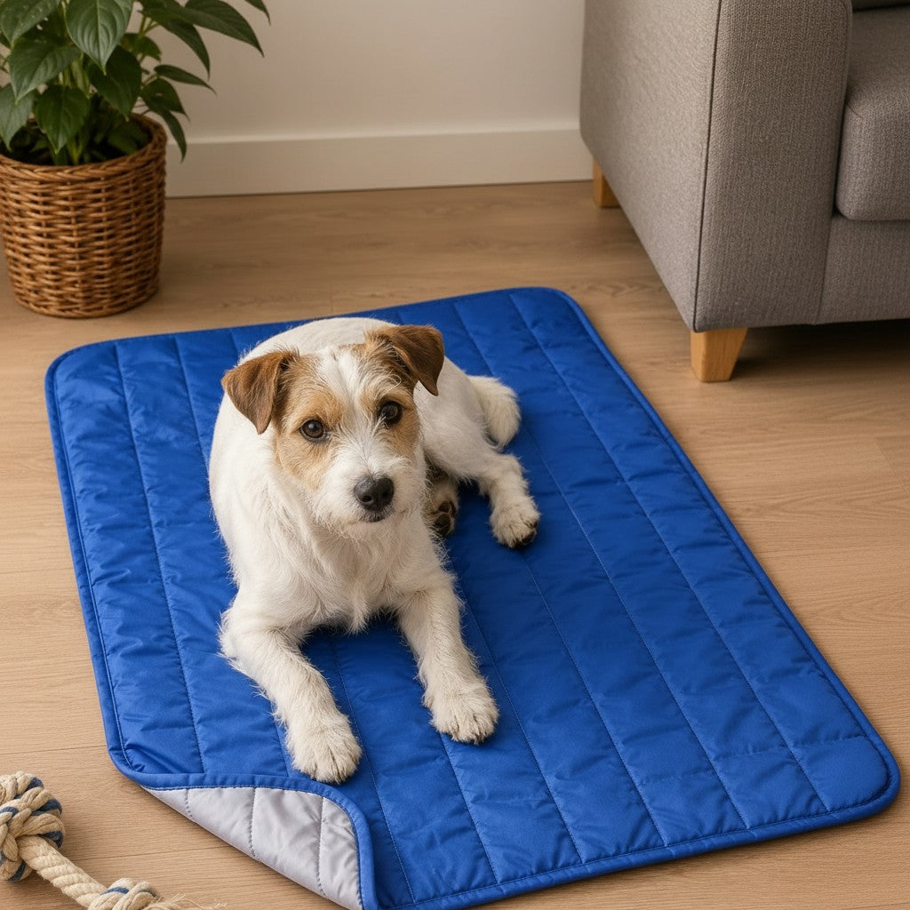 Chien de type Jack Russell terrier allongé sur un tapis de sol matelassé réversible bleu et gris, disposé dans un salon.
