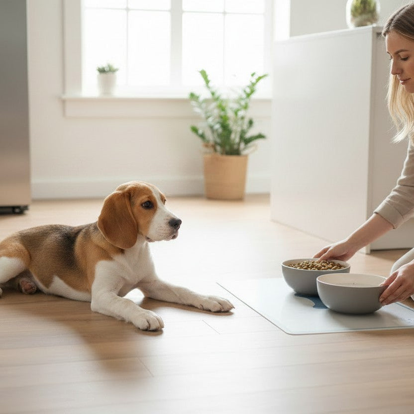 Tapis pour gamelles installé au sol dans une cuisine avec deux gamelles d’eau et de croquettes, à côté d’un chien.