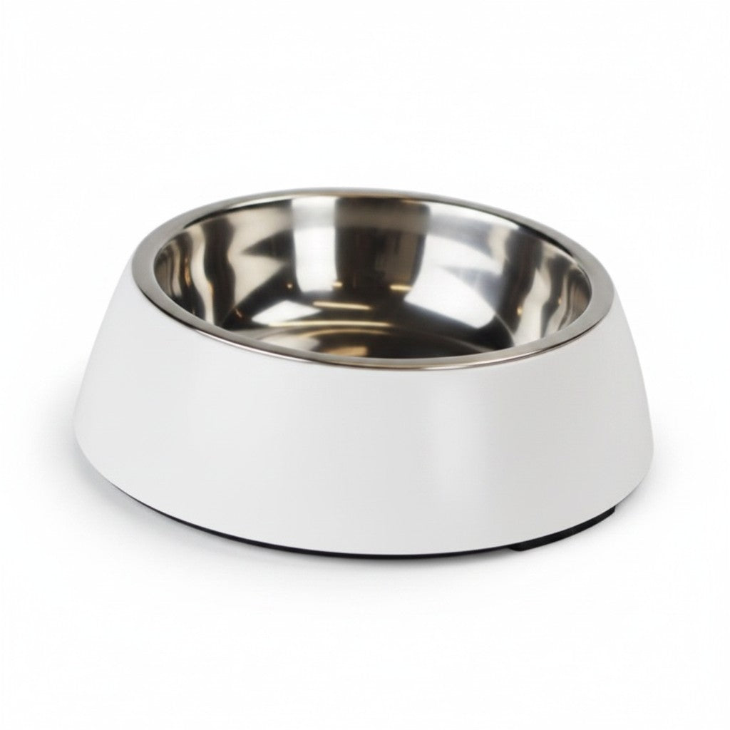 Gamelle The DoggyBowl Metallic Pet-Joy taille S, de 10 cm de diamètre et 190 ml, avec bol intérieur amovible en acier inoxydable, blanc.
