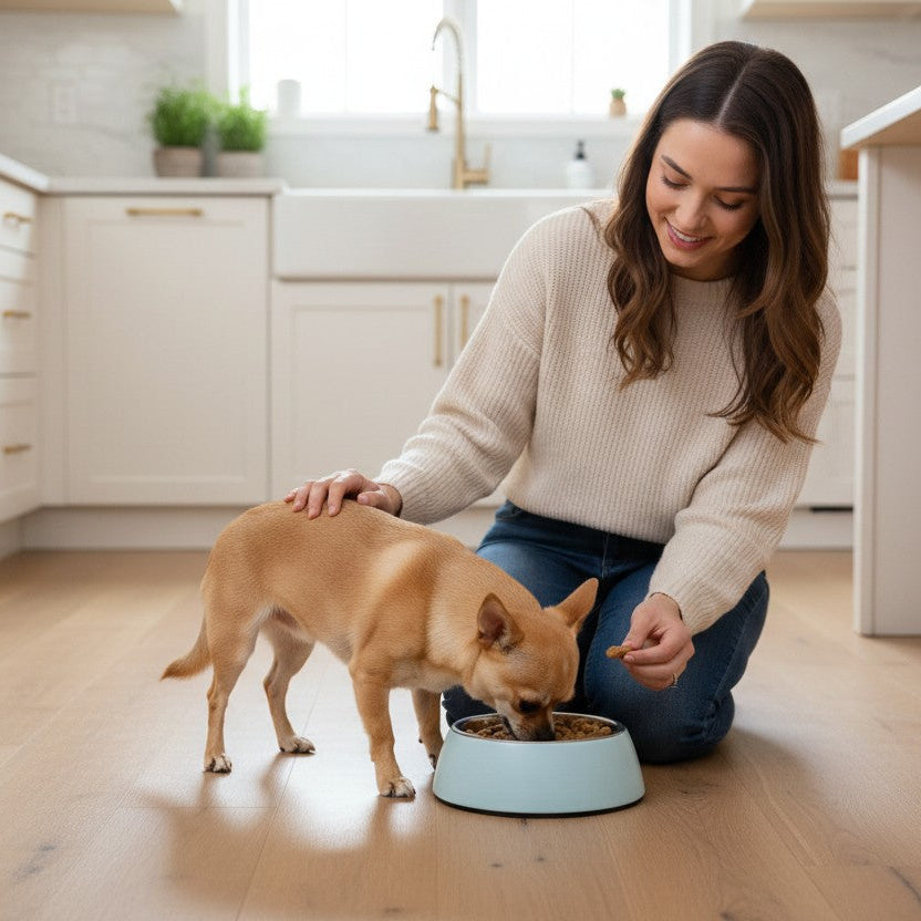 Une femme souriante, agenouillée sur un parquet en bois, caresse un petit chien beige (type Chihuahua) pendant qu'il mange dans une gamelle bleu clair. La scène se déroule dans une cuisine lumineuse aux meubles blancs modernes.