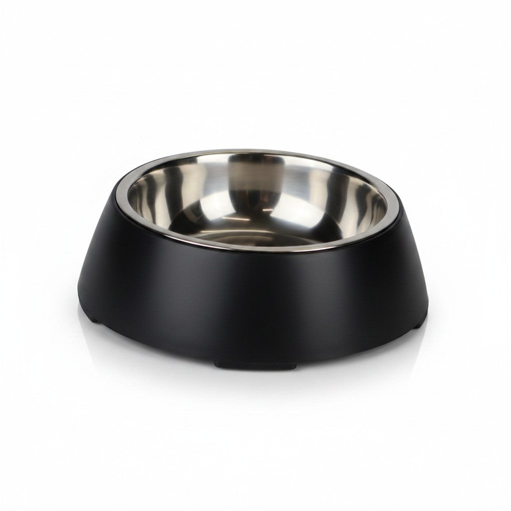 Gamelle The DoggyBowl Metallic Pet-Joy taille S, de 10 cm de diamètre et 190 ml, avec bol intérieur amovible en acier inoxydable, noir.