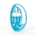 Étui ovale bleu turquoise avec anneau porte-clés, contenant trois crochets tire-tiques blancs et bleus de tailles différentes.