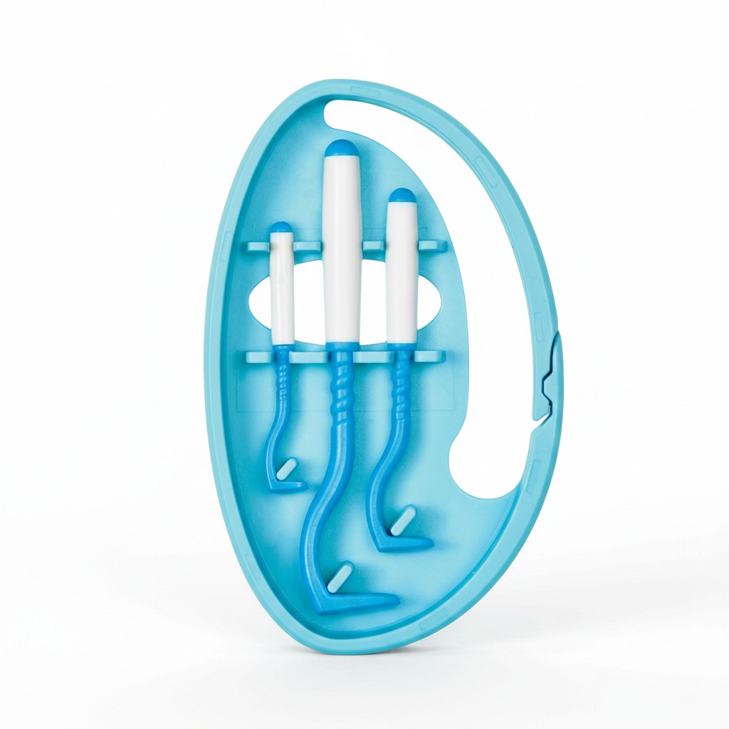 Étui ovale bleu turquoise avec anneau porte-clés, contenant trois crochets tire-tiques blancs et bleus de tailles différentes.