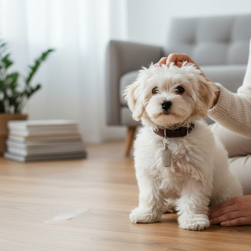 Petit chien blanc portant un tube porte-adresse métallique argenté fixé à son collier à l’intérieur d’une maison.